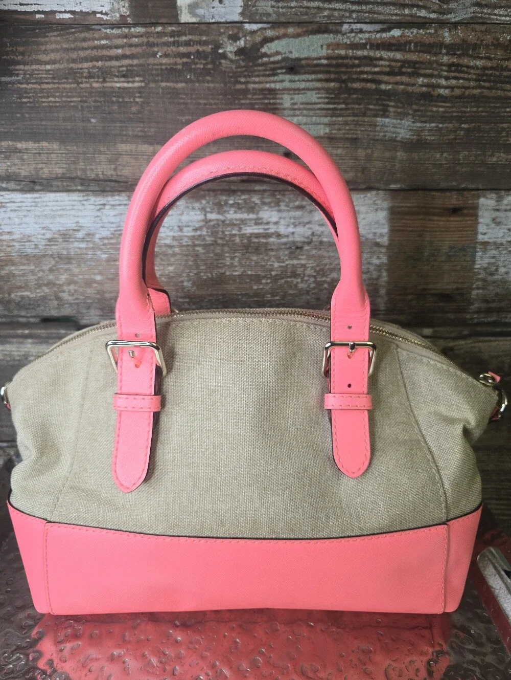 Kate Spade Coral Pink Canvas Satchel Storybook Lining